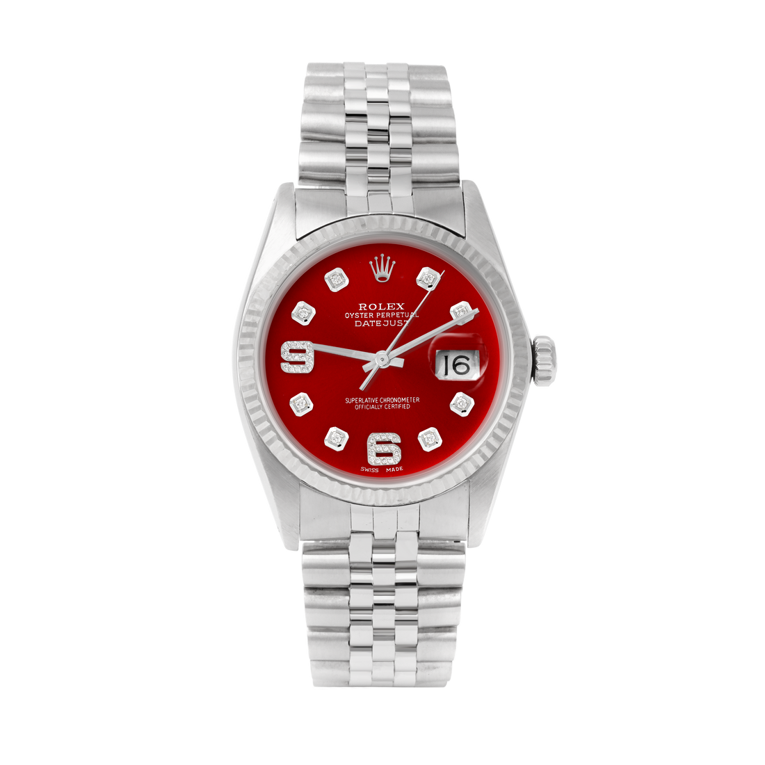 Rolex Datejust 36mm STAINLESS STEEL 16234  Red Dial | 6&9 Diamond | Fluted Bezel