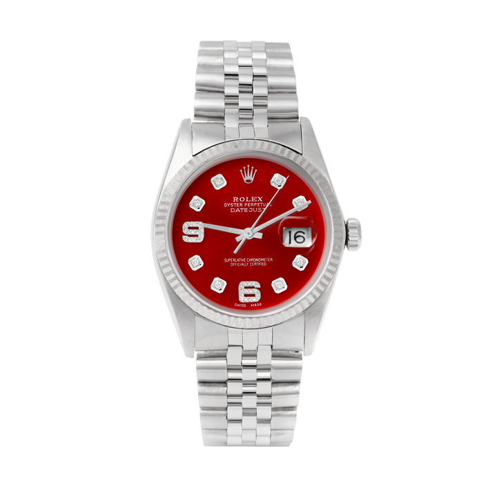Rolex Datejust 36mm STAINLESS STEEL 16234  Red Dial | 6&9 Diamond | Fluted Bezel