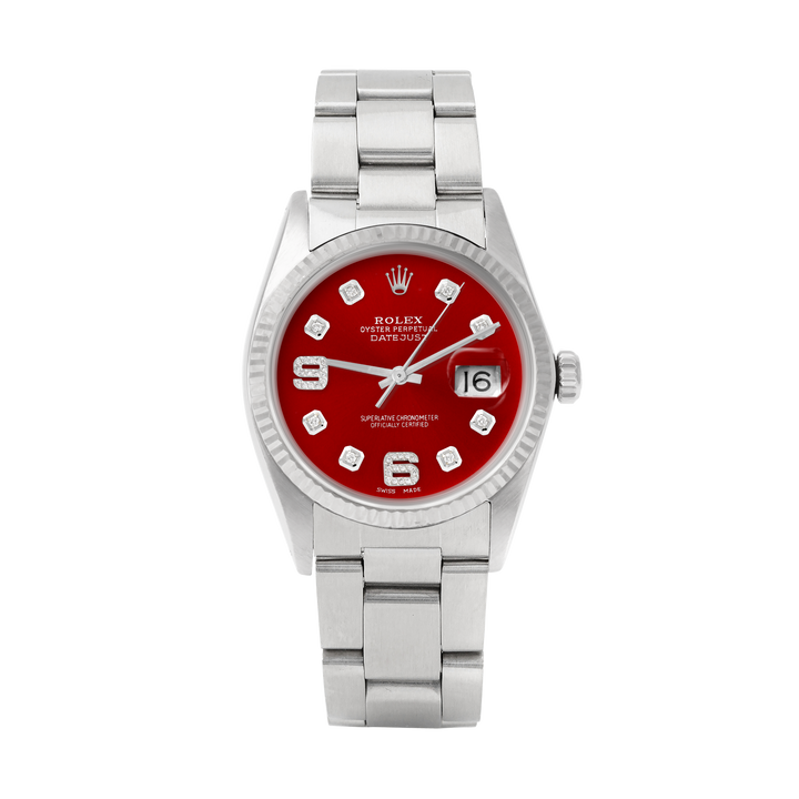 Rolex Datejust 36mm STAINLESS STEEL 16234 Red Dial| 6&9 Diamond | Fluted bazel