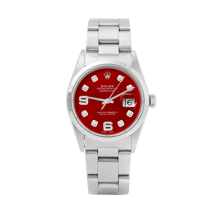Rolex Datejust 36mm STAINLESS STEEL 16200 Red Dial | 6&9 Diamond | Smooth Bazel