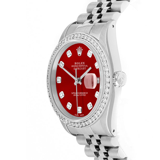 Rolex Datejust 36mm STAINLESS STEEL 16234 Red Dial | Diamond Hour Markers, 1 ct Diamond Bezel