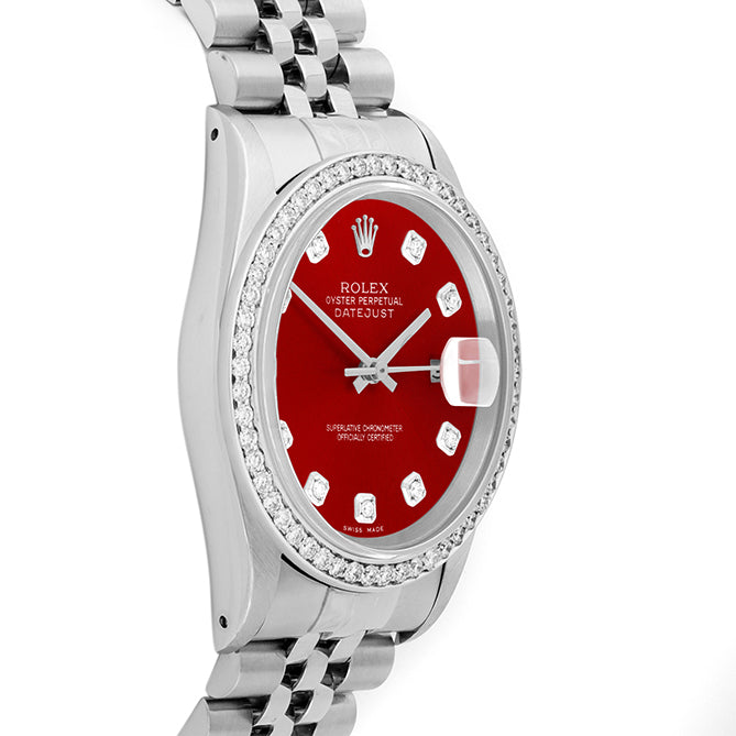 Rolex Datejust 36mm STAINLESS STEEL 16234 Red Dial | Diamond Hour Markers, 1 ct Diamond Bezel