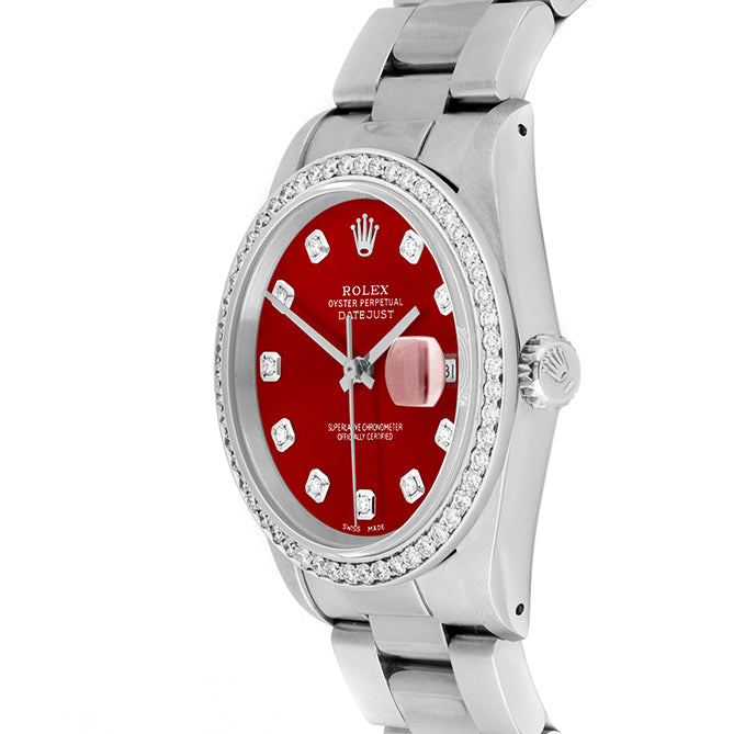 Rolex Datejust 36mm STAINLESS STEEL 16234 Red Dial | Diamond Hour Markers, 1 ct Diamond Bezel