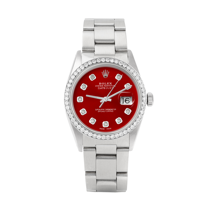 Rolex Datejust 36mm STAINLESS STEEL 16234 Red Dial | Diamond Hour Markers, 1 ct Diamond Bezel