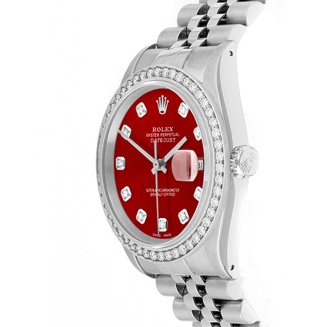 Rolex Datejust 36mm STAINLESS STEEL 16234 Red Dial | Diamond Hour Markers, 1.8 ct Diamond Bezel