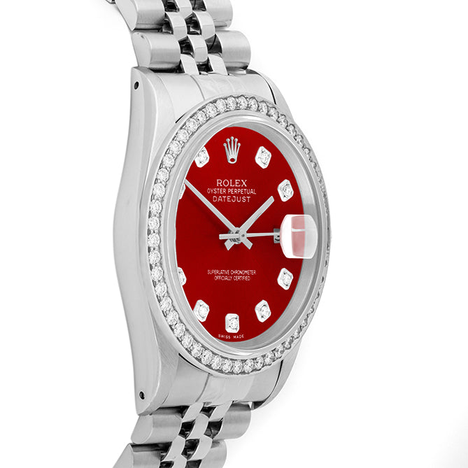 Rolex Datejust 36mm STAINLESS STEEL 16234 Red Dial | Diamond Hour Markers, 1.8 ct Diamond Bezel