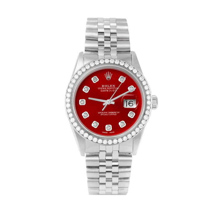 Rolex Datejust 36mm STAINLESS STEEL 16234 Red Dial | Diamond Hour Markers, 1.8 ct Diamond Bezel