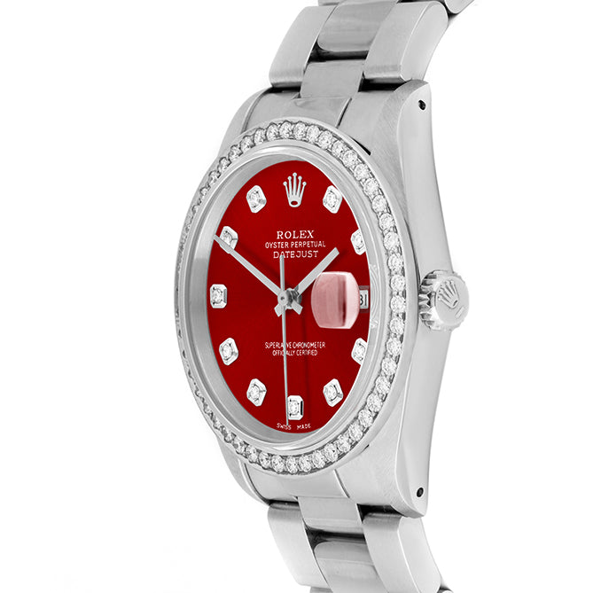 Rolex Datejust 36mm STAINLESS STEEL 16234 Red Dial | Diamond Hour Markers, 1.8 ct Diamond Bezel