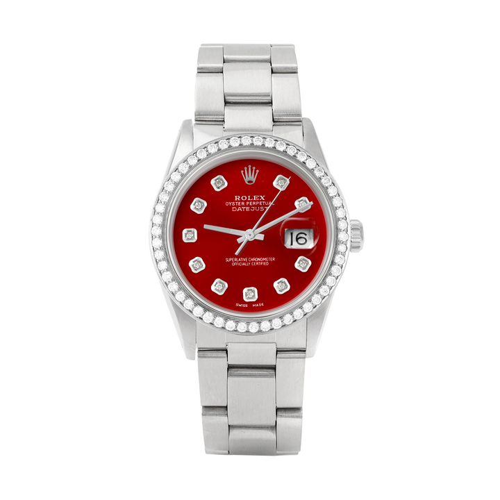 Rolex Datejust 36mm STAINLESS STEEL 16234 Red Dial | Diamond Hour Markers, 1.8 ct Diamond Bezel