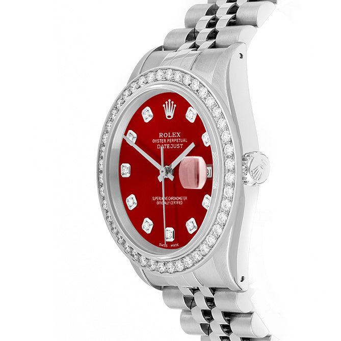 Rolex Datejust 36mm STAINLESS STEEL 16234 Red Dial | Diamond Hour Markers, 2 ct Diamond Bezel