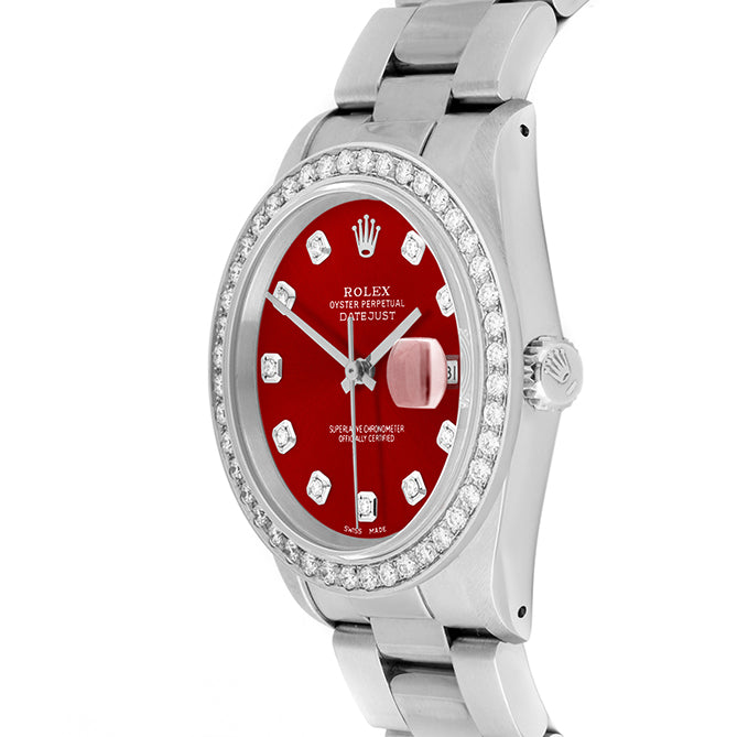 Rolex Datejust 36mm STAINLESS STEEL 16234 Red Dial | Diamond Hour Markers, 2 ct Diamond Bezel