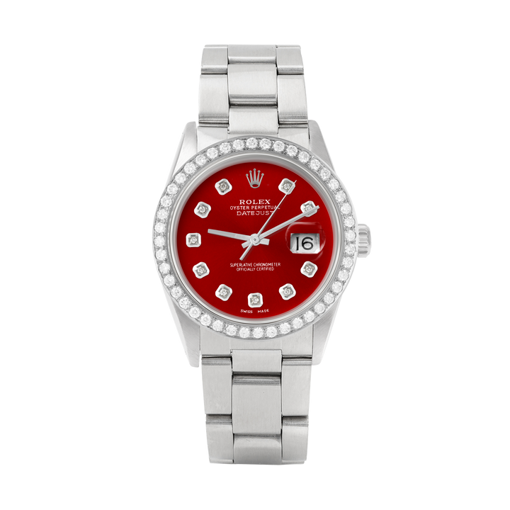 Rolex Datejust 36mm STAINLESS STEEL 16234 Red Dial | Diamond Hour Markers, 2 ct Diamond Bezel