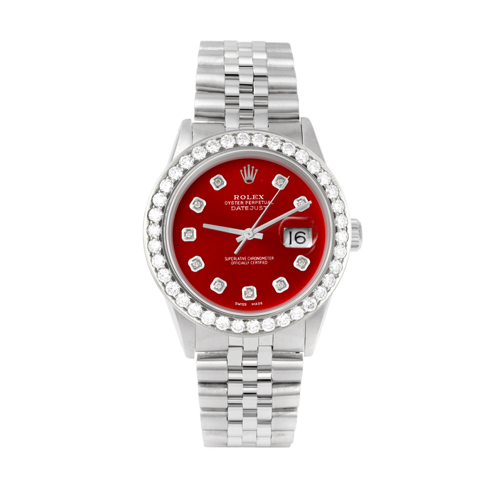 Rolex Datejust 36mm STAINLESS STEEL 16234  Red  Dial | Diamond Hour Markers | 2.5 ct Diamond Bezel