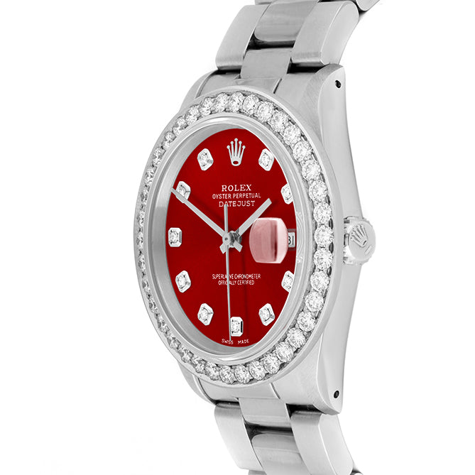 Rolex Datejust 36mm STAINLESS STEEL 16234  Red  Dial | Diamond Hour Markers | 2.5 ct Diamond Bezel