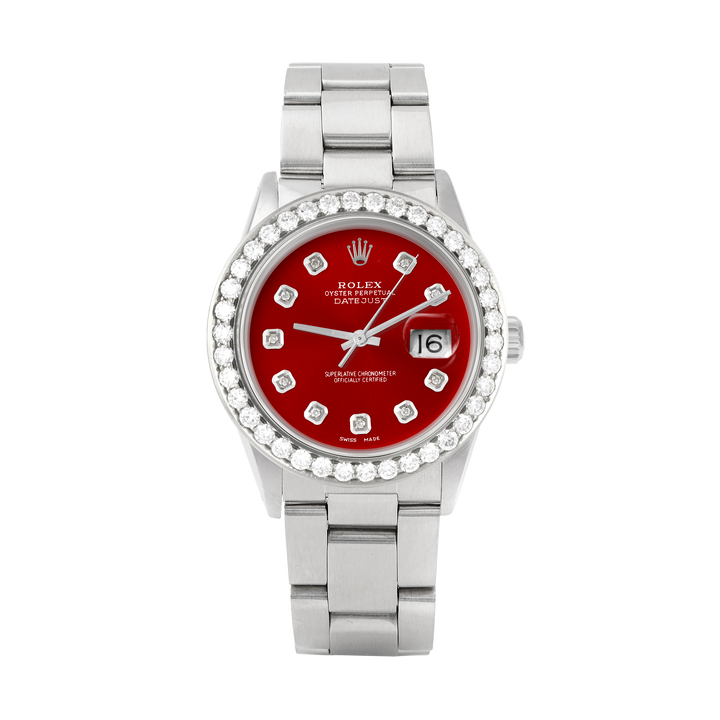 Rolex Datejust 36mm STAINLESS STEEL 16234  Red  Dial | Diamond Hour Markers | 2.5 ct Diamond Bezel