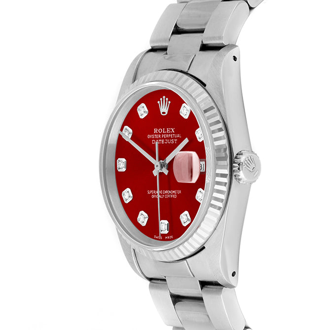 Rolex Datejust 36mm STAINLESS STEEL 16234 Red Dial | Diamond Hour Markers | Fluted Bezel