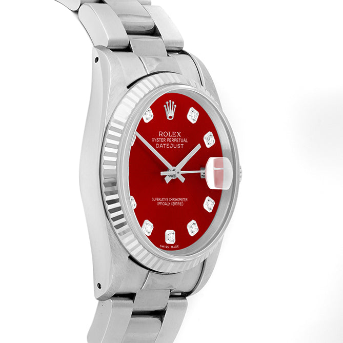 Rolex Datejust 36mm STAINLESS STEEL 16234 Red Dial | Diamond Hour Markers | Fluted Bezel