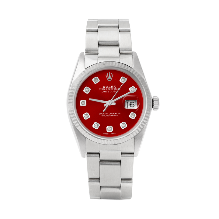 Rolex Datejust 36mm STAINLESS STEEL 16234 Red Dial | Diamond Hour Markers | Fluted Bezel