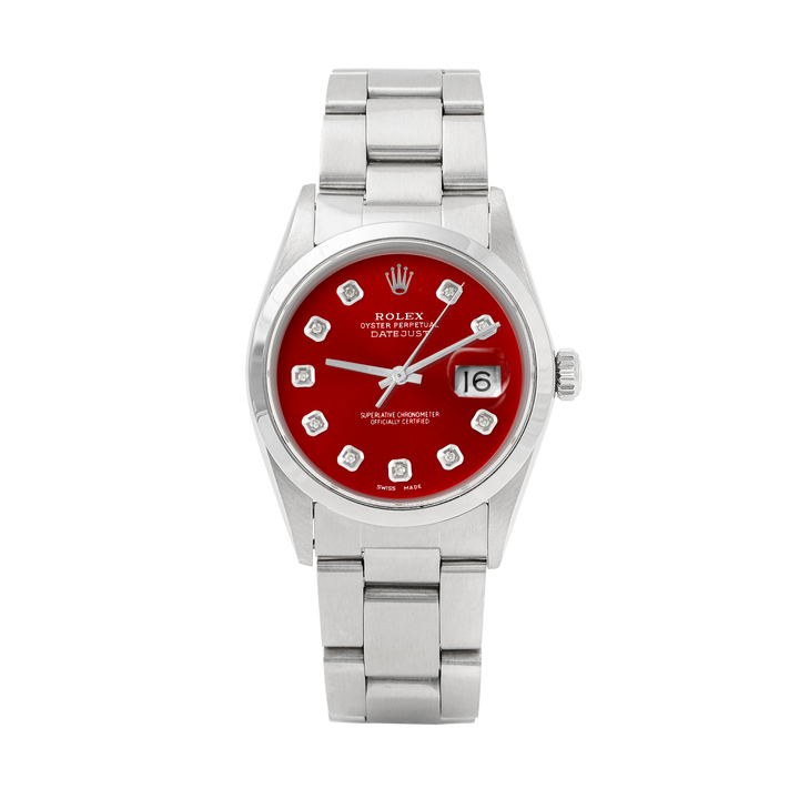 Rolex Datejust 36mm STAINLESS STEEL 16200 Red Dial | Diamond Hour Markers | Smooth Bezel