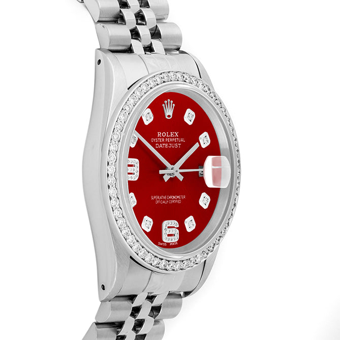 Rolex Datejust 36mm STAINLESS STEEL 16234 Red Dial | 6&9 Diamond |Diamond Hour Markers | 1 ct Diamond Bezel
