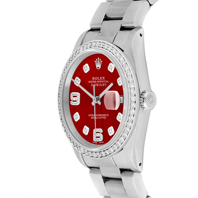 Rolex Datejust 36mm STAINLESS STEEL 16234 Red Dial | 6&9 Diamond |Diamond Hour Markers | 1 ct Diamond Bezel