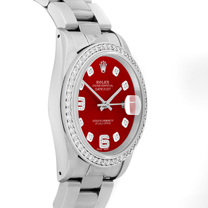 Rolex Datejust 36mm STAINLESS STEEL 16234 Red Dial | 6&9 Diamond |Diamond Hour Markers | 1 ct Diamond Bezel