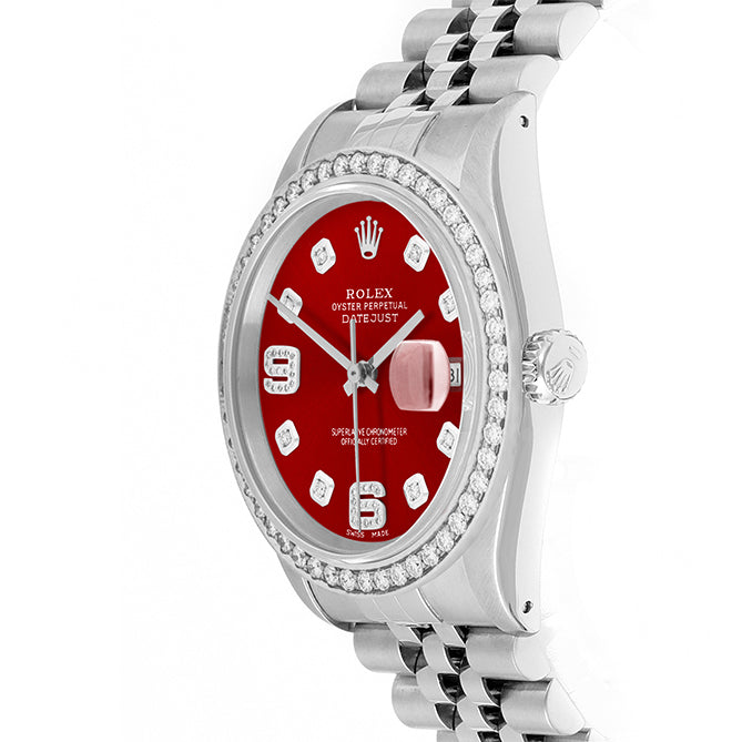 Rolex Datejust 36mm STAINLESS STEEL 16234 Red Dial | 6&9 Diamond |Diamond Hour Markers | 1.8 ct Diamond Bezel