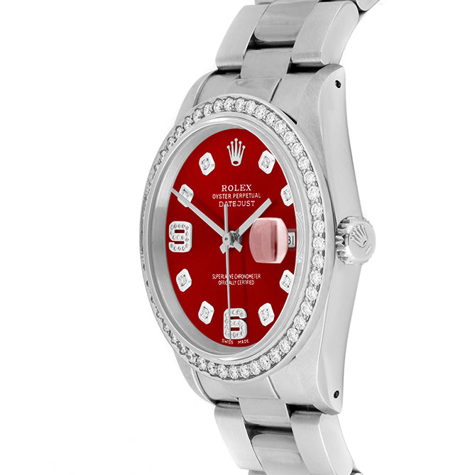 Rolex Datejust 36mm STAINLESS STEEL 16234 Red Dial | 6&9 Diamond |Diamond Hour Markers | 1.8 ct Diamond Bezel