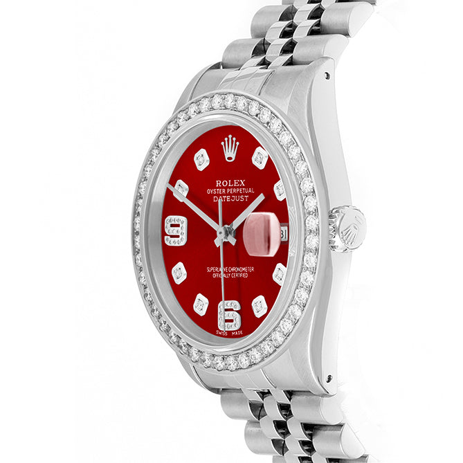 Rolex Datejust 36mm STAINLESS STEEL 16234  Red  Dial | 6&9 Diamond Hour Markers | 2 ct Diamond Bezel