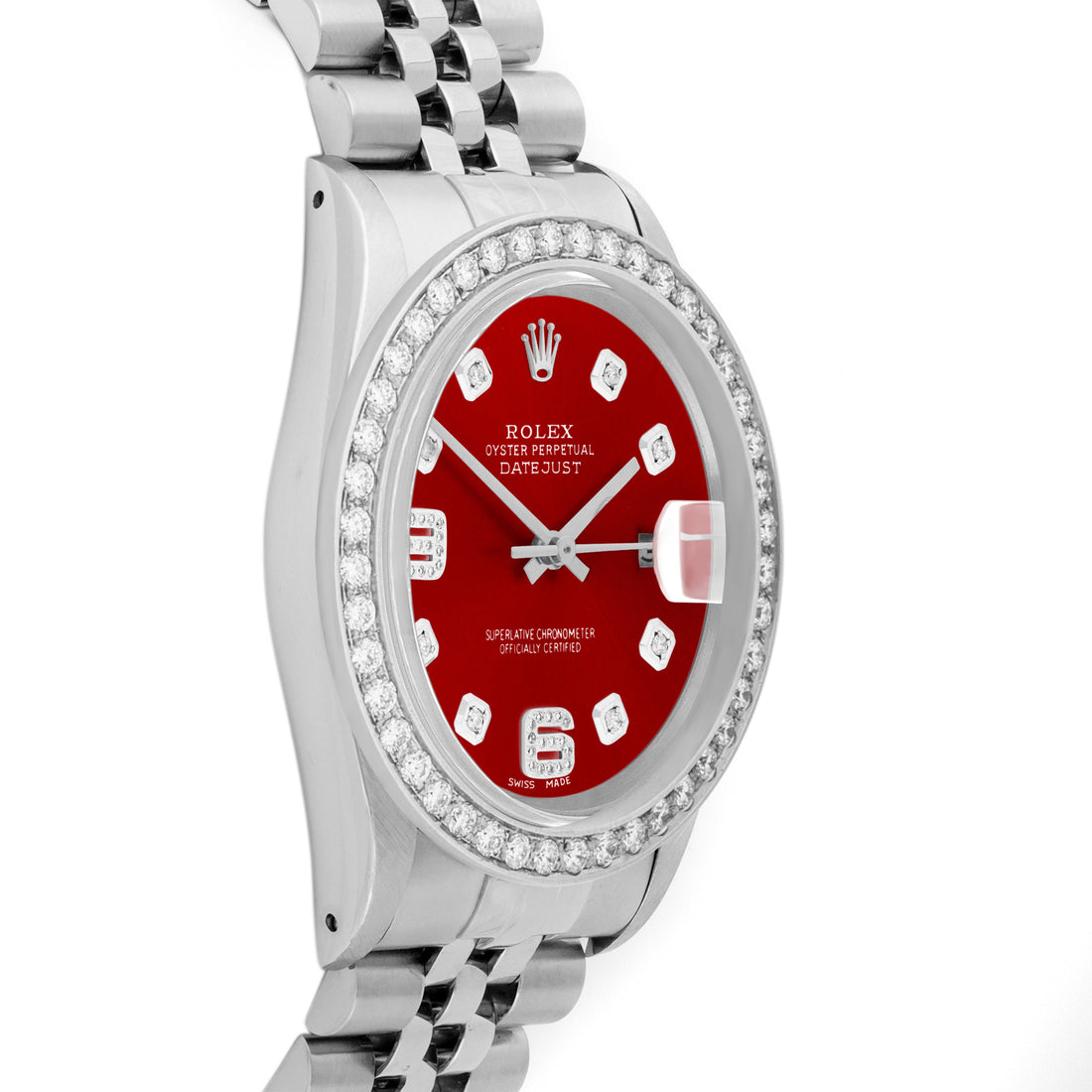Rolex Datejust 36mm STAINLESS STEEL 16234  Red  Dial | 6&9 Diamond Hour Markers | 2 ct Diamond Bezel