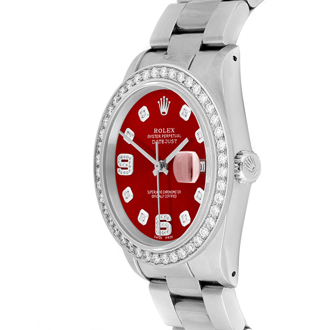 Rolex Datejust 36mm STAINLESS STEEL 16234  Red  Dial | 6&9 Diamond Hour Markers | 2 ct Diamond Bezel