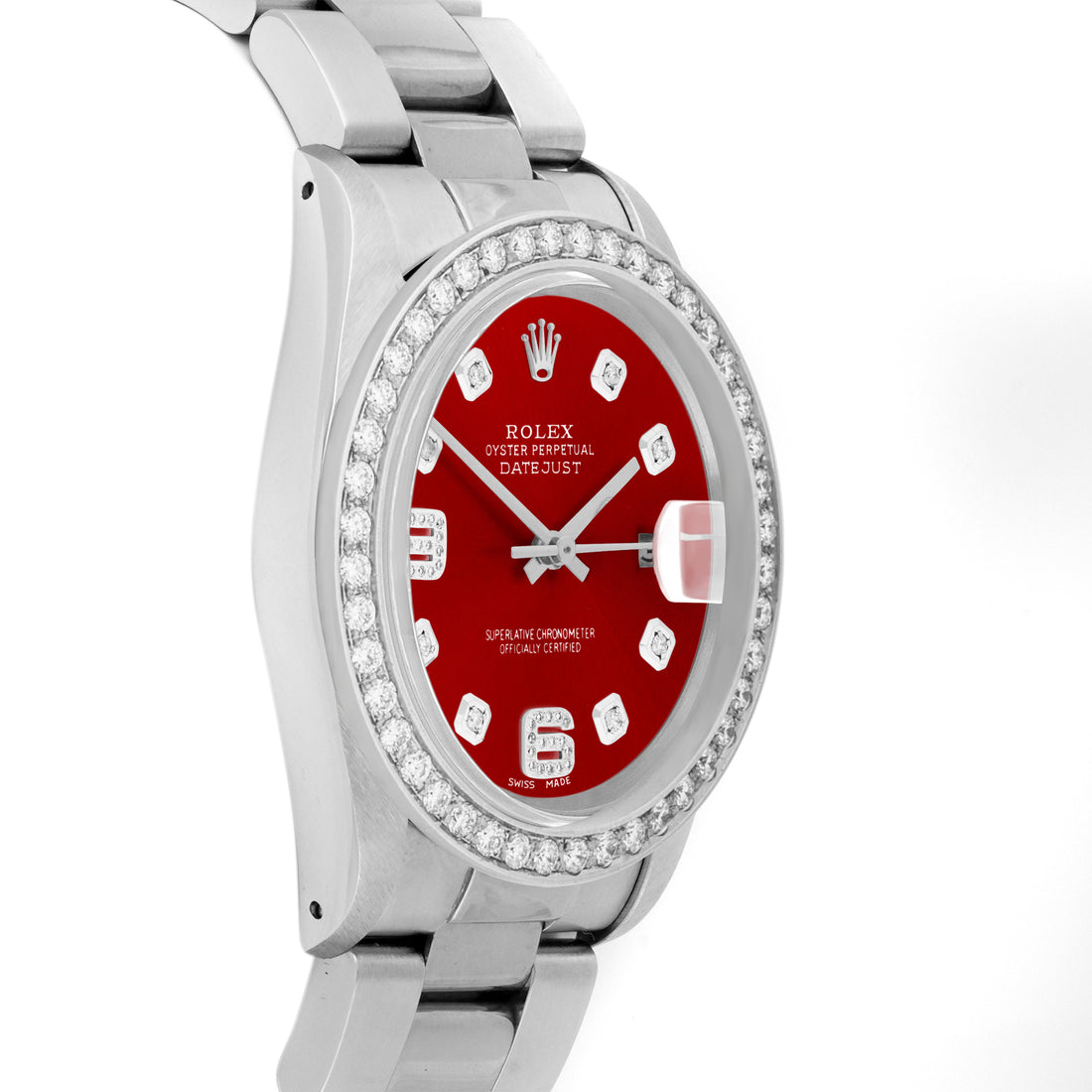 Rolex Datejust 36mm STAINLESS STEEL 16234  Red  Dial | 6&9 Diamond Hour Markers | 2 ct Diamond Bezel