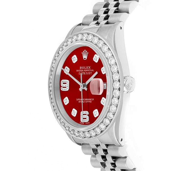 Rolex Datejust 36mm STAINLESS STEEL 16234 Red Dial |6&9 Diamond Hour Markers | 2.5 ct Diamond Bezel