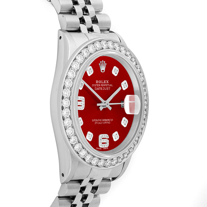 Rolex Datejust 36mm STAINLESS STEEL 16234 Red Dial |6&9 Diamond Hour Markers | 2.5 ct Diamond Bezel