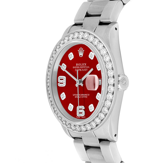 Rolex Datejust 36mm STAINLESS STEEL 16234 Red Dial |6&9 Diamond Hour Markers | 2.5 ct Diamond Bezel