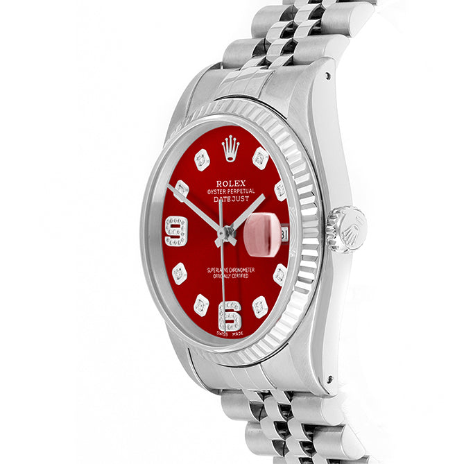 Rolex Datejust 36mm STAINLESS STEEL 16234  Red Dial | 6&9 Diamond | Fluted Bezel