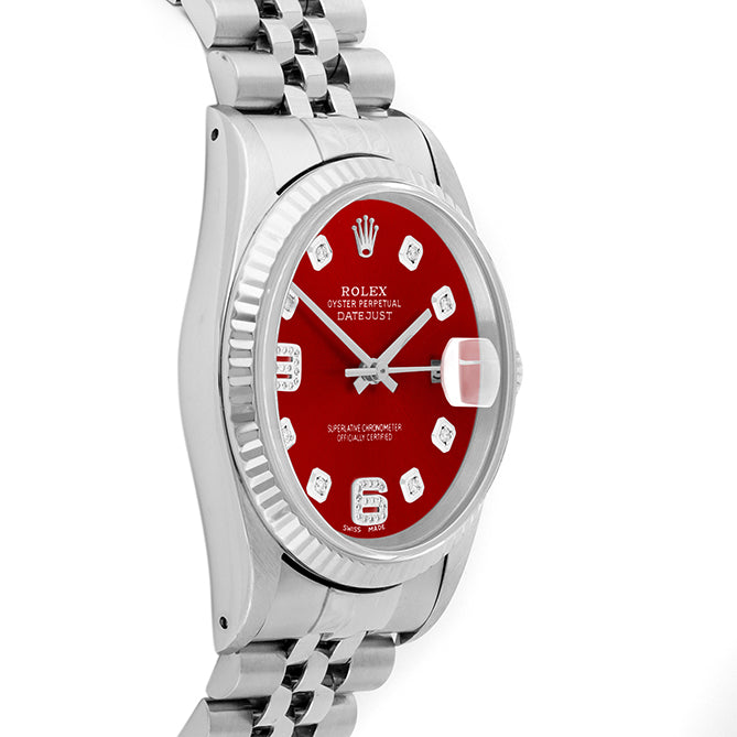 Rolex Datejust 36mm STAINLESS STEEL 16234  Red Dial | 6&9 Diamond | Fluted Bezel