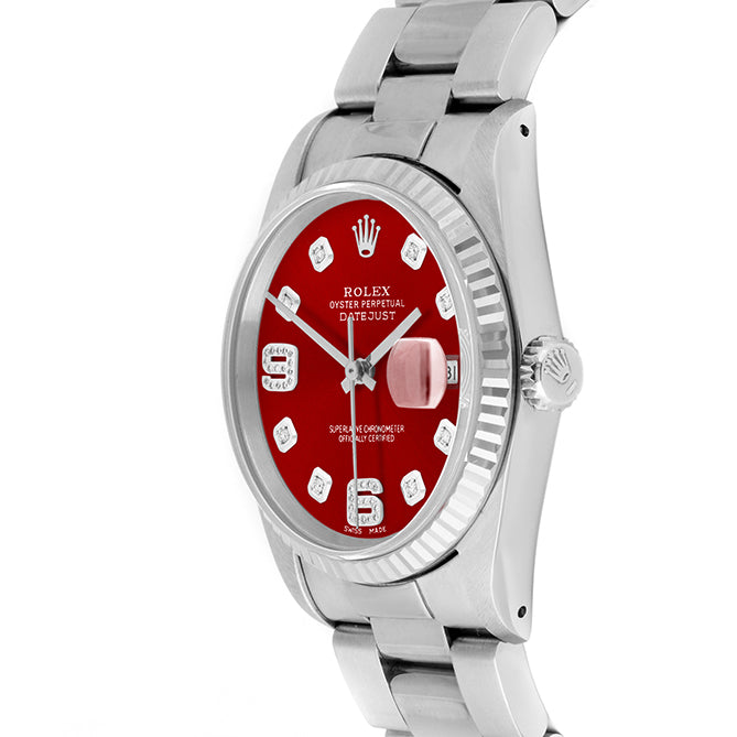 Rolex Datejust 36mm STAINLESS STEEL 16234 Red Dial| 6&9 Diamond | Fluted bazel