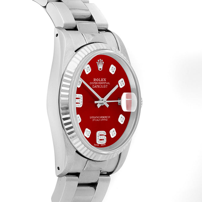 Rolex Datejust 36mm STAINLESS STEEL 16234 Red Dial| 6&9 Diamond | Fluted bazel