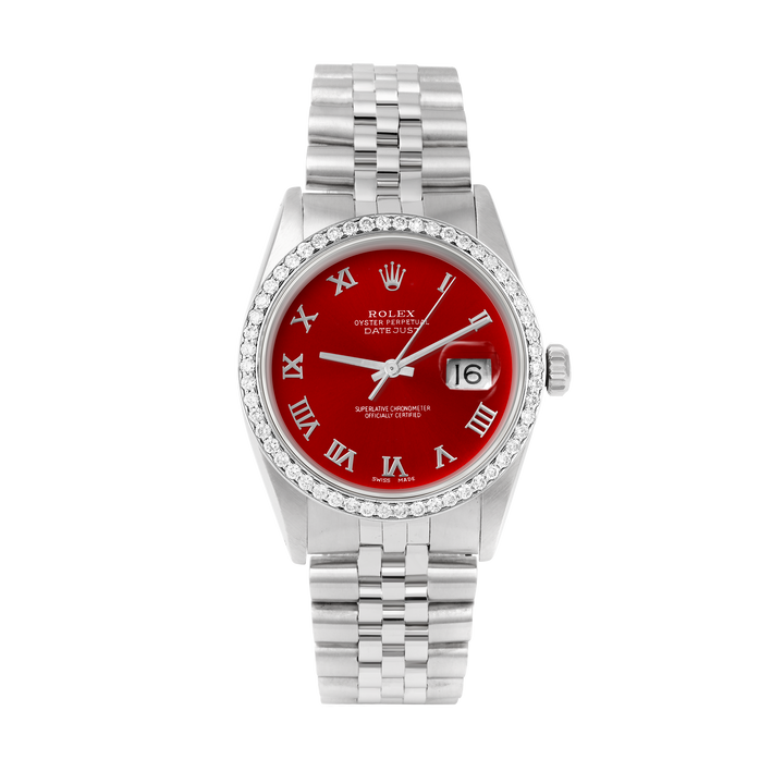 Rolex Datejust 36mm STAINLESS STEEL 16234 Red Dial | Roman Hour Markers | 1 ct Diamond Bezel