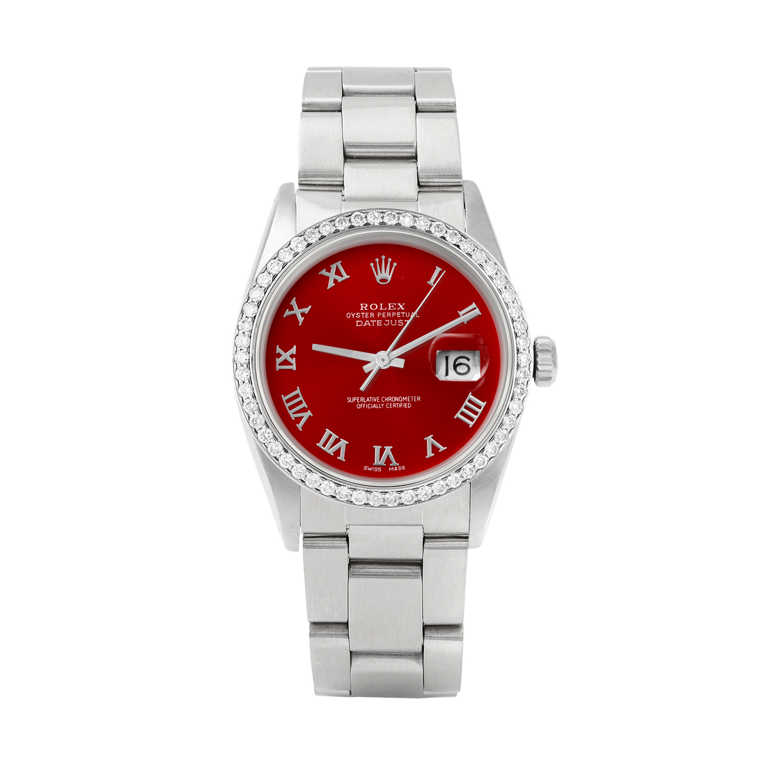 Rolex Datejust 36mm STAINLESS STEEL 16234 Red Dial | Roman Hour Markers | 1 ct Diamond Bezel