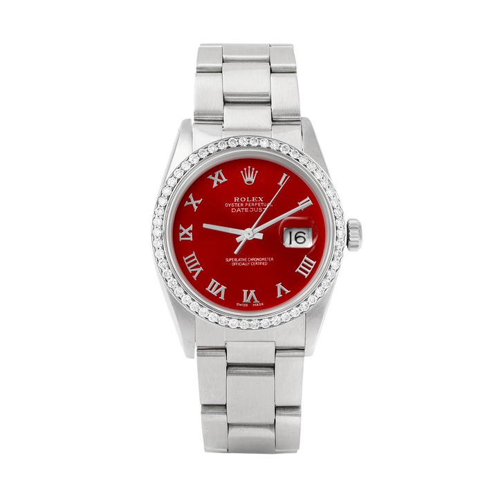 Rolex Datejust 36mm STAINLESS STEEL 16234 Red Dial | Roman Hour Markers | 1 ct Diamond Bezel