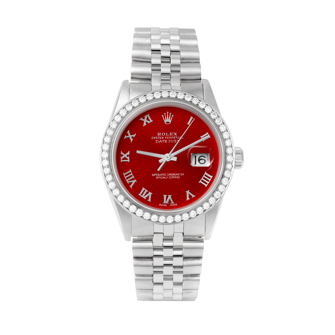 Rolex Datejust 36mm STAINLESS STEEL 16234 Red Dial | Roman Hour Markers, 1.8 ct Diamond Bezel