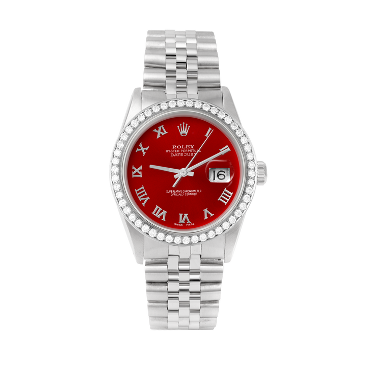 Rolex Datejust 36mm STAINLESS STEEL 16234 Red Dial | Roman Hour Markers, 1.8 ct Diamond Bezel
