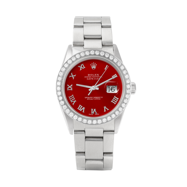 Rolex Datejust 36mm STAINLESS STEEL 16234 Red Dial | Roman Hour Markers, 2 ct Diamond Bezel