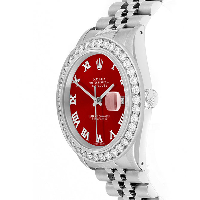 Rolex Datejust 36mm STAINLESS STEEL 16234 Red Dial | Roman Hour Markers | 2.5 ct Diamond Bezel