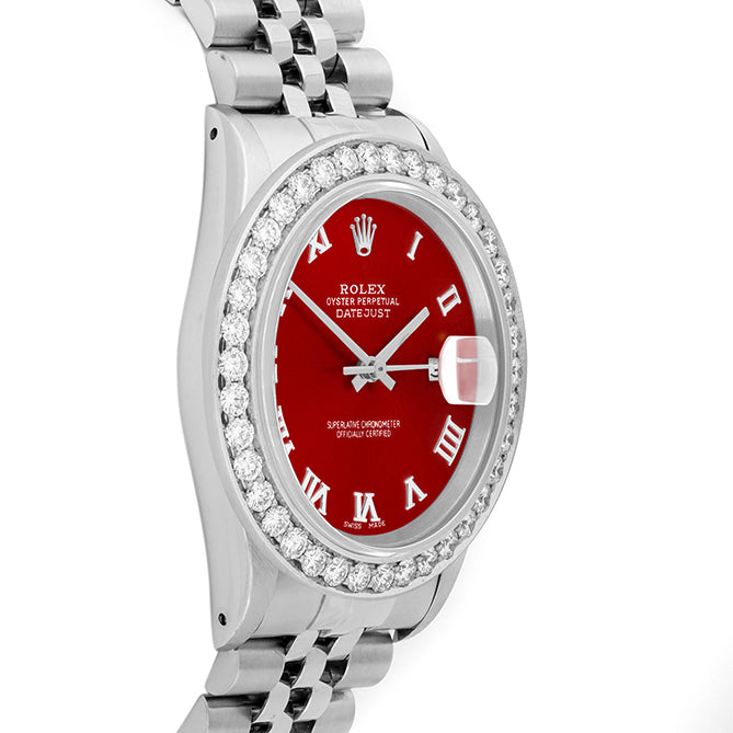 Rolex Datejust 36mm STAINLESS STEEL 16234 Red Dial | Roman Hour Markers | 2.5 ct Diamond Bezel