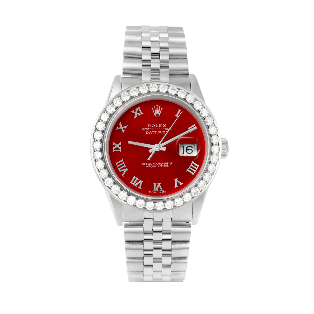 Rolex Datejust 36mm STAINLESS STEEL 16234 Red Dial | Roman Hour Markers | 2.5 ct Diamond Bezel