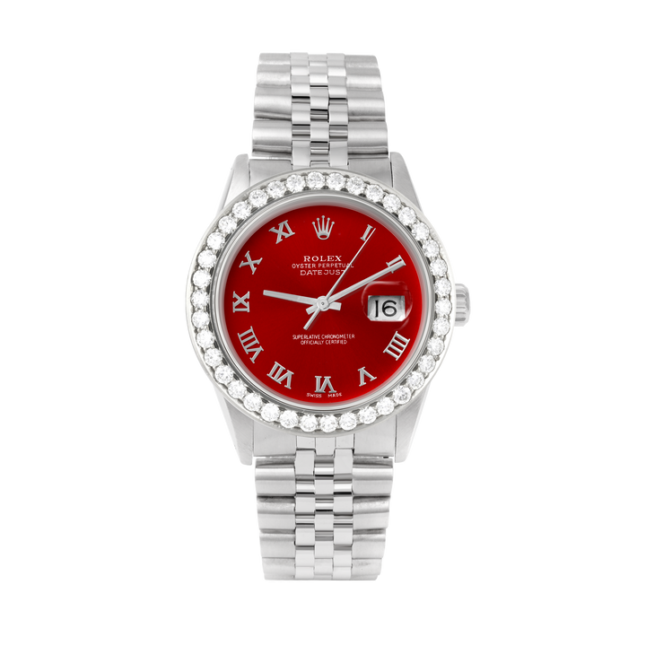 Rolex Datejust 36mm STAINLESS STEEL 16234 Red Dial | Roman Hour Markers | 2.5 ct Diamond Bezel