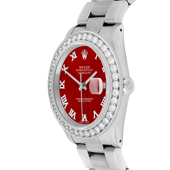 Rolex Datejust 36mm STAINLESS STEEL 16234 Red Dial | Roman Hour Markers | 2.5 ct Diamond Bezel